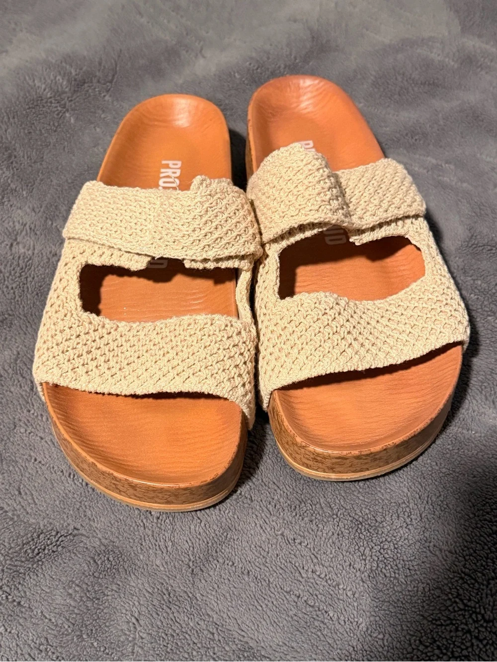 Beige Woven Slide Sandals with Cork Platform